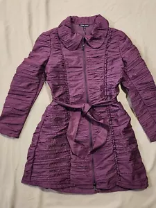Samuel Dong Purple Ruched Seams Long Zip Front Car Coat Sz Small - Picture 1 of 11