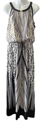 Calvin Klein Maxi Dress L Black Tan Bar Detail Resort Evening Drawstring Waist - Image 1 of 4