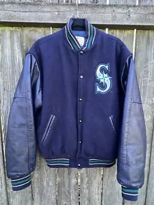 VTG 90's Genuine Seattle Mariners Letterman Wool Leather Bomber Jacket M - Picture 1 of 15