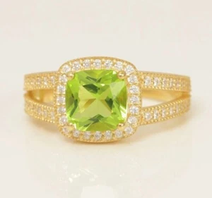 2Ct Lab-Created Cushion Cut Green Peridot Engagement Ring 14K Yellow Gold Plated - Picture 1 of 4