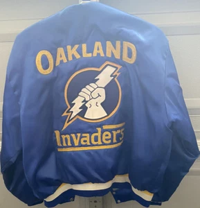 RARE! 80's Vintage Oakland INVADERS Satin Jacket Coat USFL Sz L Swingster "Don" - Picture 1 of 8