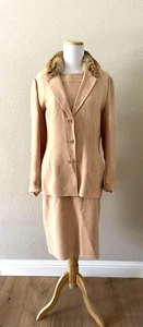 Vintage Bill Blass Sheath Dress Blazer Set 10 Blush Jacket Fur Collar 3-Button - Picture 1 of 13