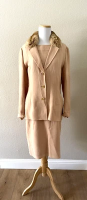 Vintage Bill Blass Sheath Dress Blazer Set 10 Blush Jacket Fur Collar 3-Button - Image 1 of 4