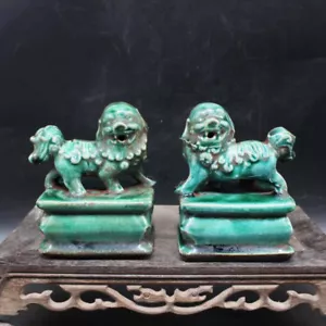 Cina Vecchia Marcata Verde Vetrato Palazzo Leoni Un Coppia Porcellana Foo Dog Collezione - Foto 1 di 5