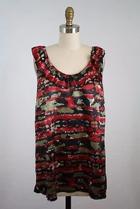 Mac Jac Blouse L Ikat Print Satin Sleeveless Side Zip Ruffle Trim Shirt - Picture 1 of 5