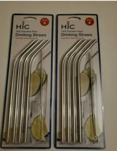 Set of2 HIC Kitchen Stainless Steel Reusable Drinking Straws with Cleaning Brush - Picture 1 of 6