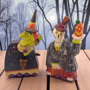 2 Halloween Wood Figures Primitive Folk Art Hand Carved Painted Witch Skeleton - Picture 1 of 13