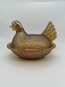 Vintage Carnival Indiana Glass Iridescent Amber Gold Hen On A Nest Candy Dish 7" - Picture 1 of 3
