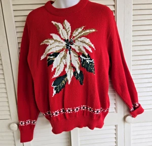 Suéter Rojo Vacaciones Navidad Dama del Sur Vintage Poinsettia Talla L Hecho en EE. UU. - Imagen 1 de 9