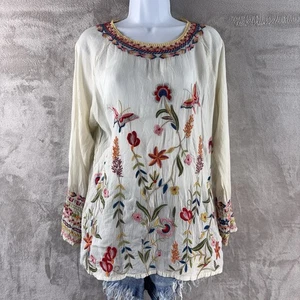 Blusa campesina boho bordada floral crema talla mediana Johnny Was Top para mujer - Imagen 1 de 9