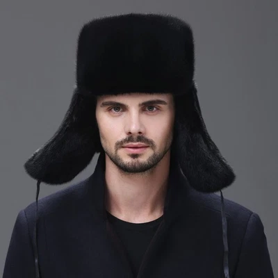 Men's Real Full Covered Mink Fur Hat Warm Trapper Hat Lei Feng Hat Earflaps Cap - Image 1 of 4