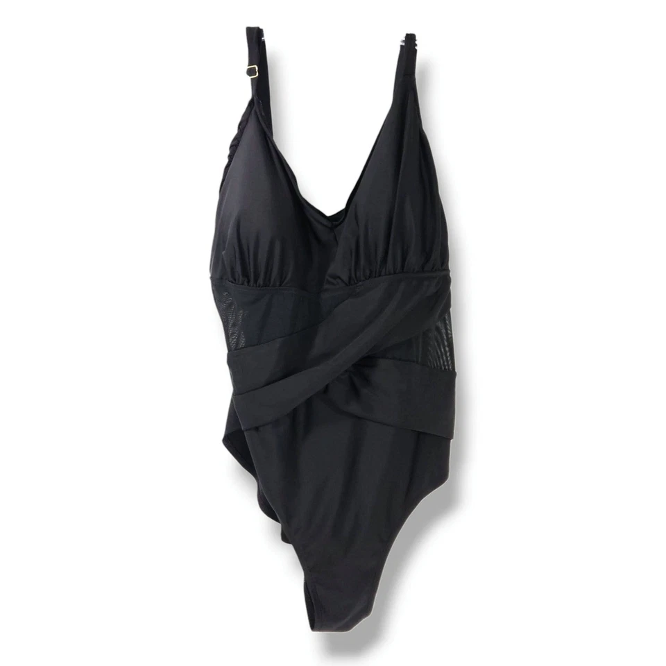 Traje de baño Ava & Viv negro de una pieza con inserciones de malla de 24 W Resortwear Vacay talla grande Foto 1 de 4