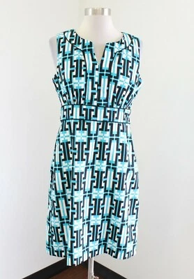 Banana Republic Turquoise Blue Black White Geometric Sheath Dress Pockets Sz 6P - Image 1 of 4