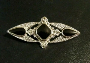 Spilla/spilla vintage in argento con onice nera e chip di vetro o diamanti - Foto 1 di 3