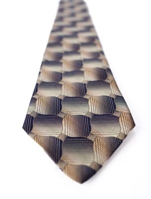 Crazy Horse Necktie Gold Blue Tan Geometric Tie 100% Silk 60"L 3.5"W - Image 1 of 4