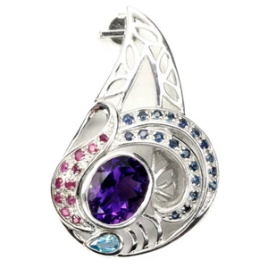 925 Pendente Argento Sterling Ovale Ametista Ruby Zaffiro Topazio Gemma Gioielli - Foto 1 di 11