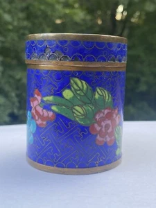 Antique Chinese Cloisonne Covered Round Blue Floral Trinket Tea Jar Box 3" tall. - Picture 1 of 8