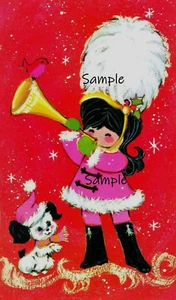 Vintage Christmas 1970's Retro Girl and Puppy 4 x Tag Craft Card Topper Journal - Picture 1 of 2