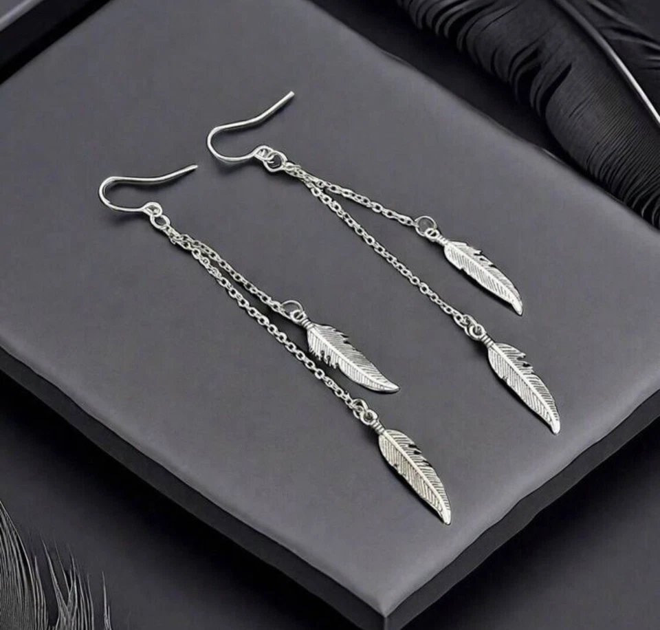 Long Silver Feather earrings - drop dangle earrings  - 925 Sterling Silver - Image 1 of 3