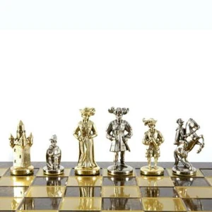 Juego de ajedrez grande Manopoulos Knights - Peones de latón níquel - Tablero de ajedrez marrón - Imagen 1 de 5