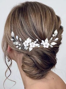 Flower Bride Wedding Hair Pins Silver Leaf Bridal Hair Pieces Opal Hair Acces... - Picture 1 of 7