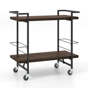 2-Tier Home Bar Cart with Lockable Wheels and Heavy-Duty Metal Frame-Rustic Brow - Picture 1 of 5