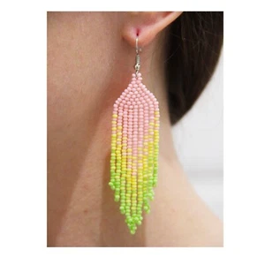 Pink Seed Bead Earrings Long Tassel Native American Style Jewelry Summer Gift - Picture 1 of 13