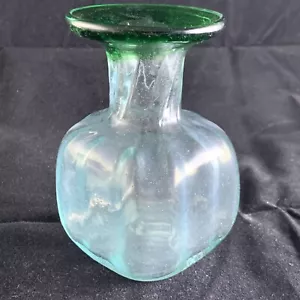 Hand Blown Glass Vase Bottle Green Two Tone Recycled Art - Picture 1 of 8