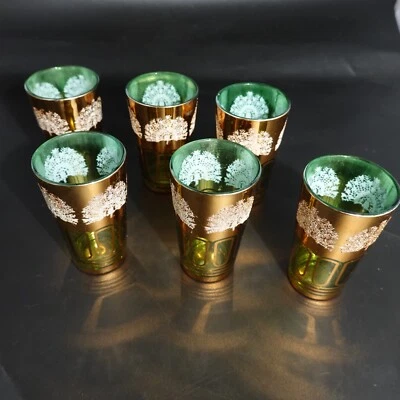 Juego de 6 vasos decorados de vidrio Dynasty Korea Crown dorado verde vintage años 60 8 oz Foto 1 de 4
