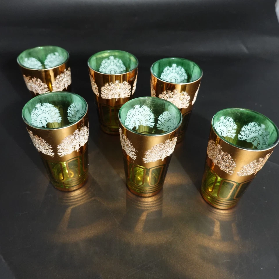 Juego de 6 vasos decorados de vidrio Dynasty Korea Crown dorado verde vintage años 60 8 oz Foto 1 de 4