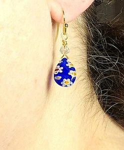 Kobaltblau Millefiori Ohrringe Blumen Tropfen Hypoallergen 14K Gold Filled Boho - Bild 1 von 6