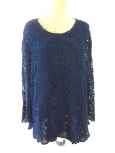 Chicos 3 Damen XL dunkelblau Baumwolle Spitze lange Glockenärmel gefüttert Tunika Top Shirt - Bild 1 von 11