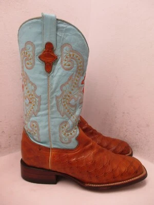 Botas Vaqueras Ferrini Western Coñac Bebé Cuero Azul Mujer Talla 10 B Sty 9239302 Foto 1 de 4