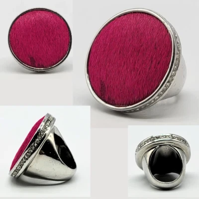 Ann Taylor Pink Faux Fur Statement Ring Size 7 Round Chunky Funky Silver Tone - Image 1 of 4