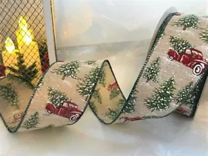 DRIVING HOME FOR CHRISTMAS car fir tree snow - Luxury Wire Edge Ribbon 63mm - Picture 1 of 5
