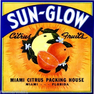 Impresión artística de etiqueta de caja de cítricos naranja brillante Miami Florida Sun-Glow - Imagen 1 de 1