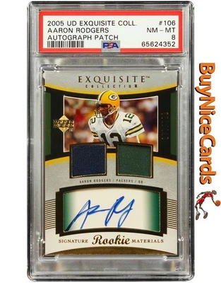 2005 Aaron Rodgers Upper Deck Exquisite Collection Rookie Patch Auto /99 PSA 8 - Image 1 of 4
