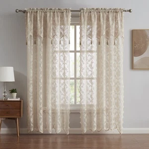 Pair of 2 Lace Curtain Panels with Attached Valance and 6 Tassels. Our 84 Inc... - Bild 1 von 5