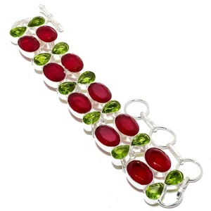 Red Simulated, Peridot Gemstone Handmade 925 Sterling Silver Bracelet 7-8" - Picture 1 of 5