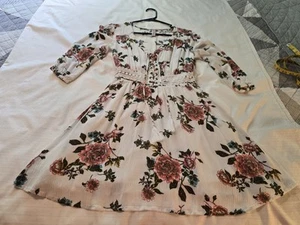 Womens Sz XS American Rag Cie Boho Dress Lace Up Tassels White Floral Nwots - Picture 1 of 15