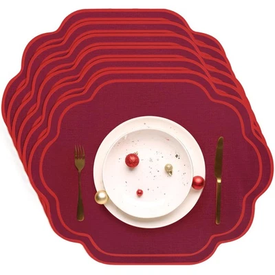 Set of 6 Christmas Placemats Scalloped Embroidered Cotton Linen Placemats 17 ... - Image 1 of 4