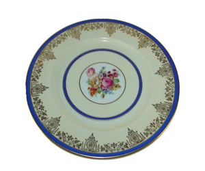 Plato de cena de porcelana Heinrich & Co H&C banda azul rollo dorado centro floral 11" - Imagen 1 de 8