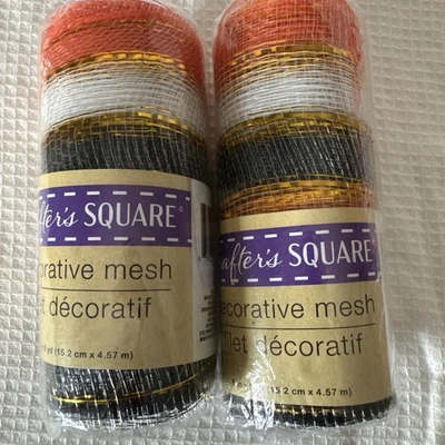 Crafter's Square Decorative Mesh 6" x 5 Yds White Orange Black Gold Stripes - Image 1 of 4