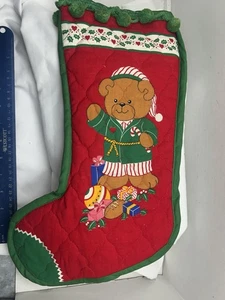 Vintage Weihnachtsstrumpf Teddybär grün Ösen Handarbeit Stoff gesteppt - Bild 1 von 8