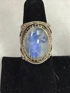 RADIANT RAINBOW MOONSTONE LARGE OVAL CENTER SET STERLING SILVER RING ~ SIZE 7.5 - Picture 1 of 5