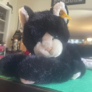 VTG Steiff Black & White  Kitty Cat Plush With Ribbon Ear Button & Green Eyes - Picture 1 of 24