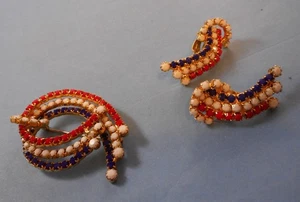 Patriotic D&E Red White Blue Rhinestone Ribbon Brooch AND EARRING SET Vintage - Picture 1 of 4
