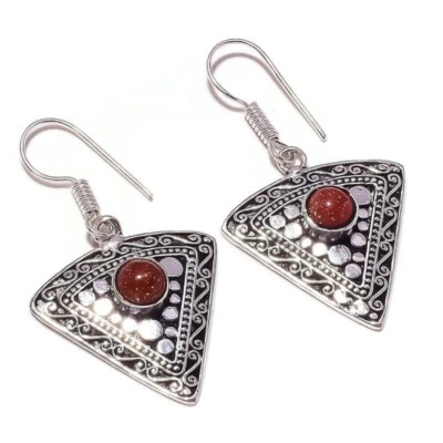 Pendientes colgantes rojos cabujón piedra preciosa redonda grabados hechos a mano Foto 1 de 3