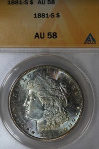 1881 S - $1  AU 58, ANACS, Morgan Silver Dollar, Miss Liberty Head Dollar $1 - Picture 1 of 2