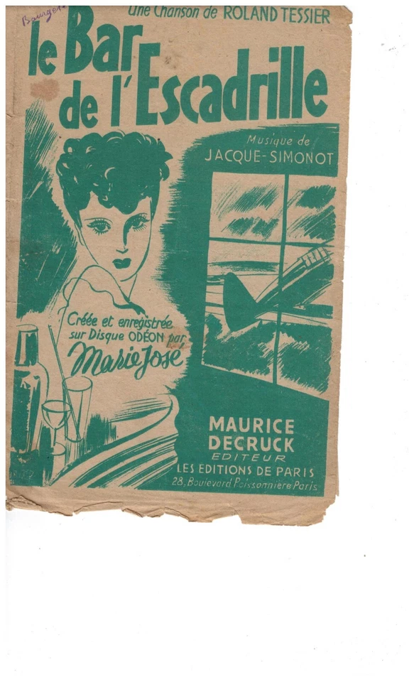 Partition  " LE BAR DE L'ESCADRILLE " MARIE JOSE  . - Photo 1/1